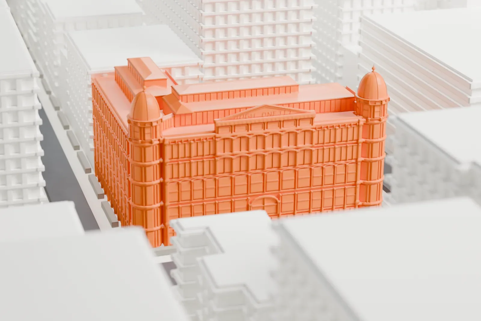 A white 3D print of the O'Neill Building, a low ornate building with a dome at each end, surrounded by taller blocks in the Flatiron District.