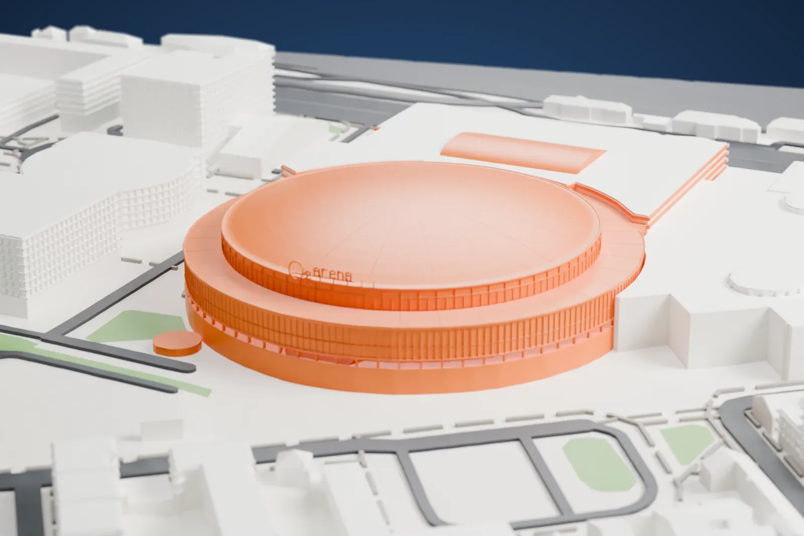 A white 3D print of the O2 Arena in Prague, a round arena with banded walls and a stepped circular roof, surrounded by large low buildings, roads and mid-rise buildings.