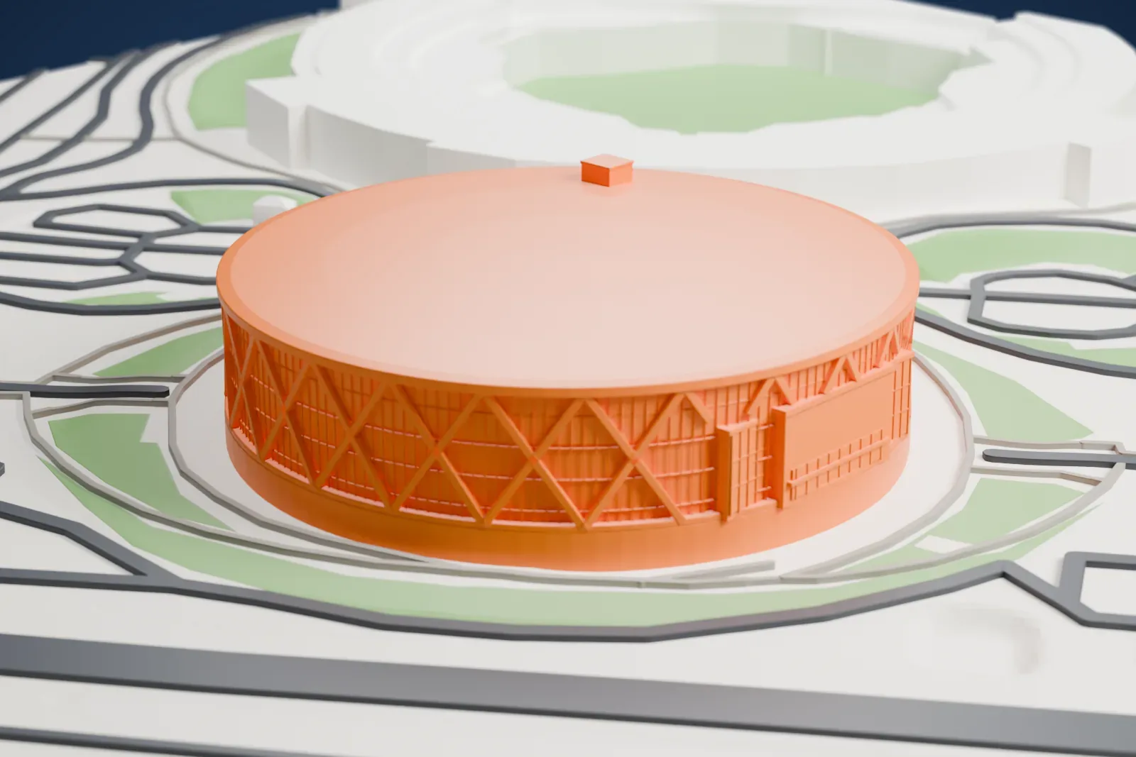 A white 3D print of Oakland Arena, with the surrounding streets and buildings of Oakland.