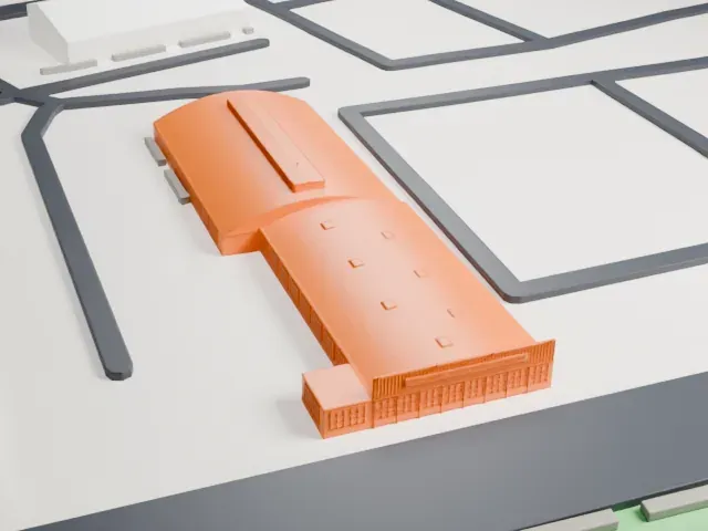 Oakland Aviation Museum Hangars model, East view