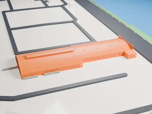Oakland Aviation Museum Hangars model, South view