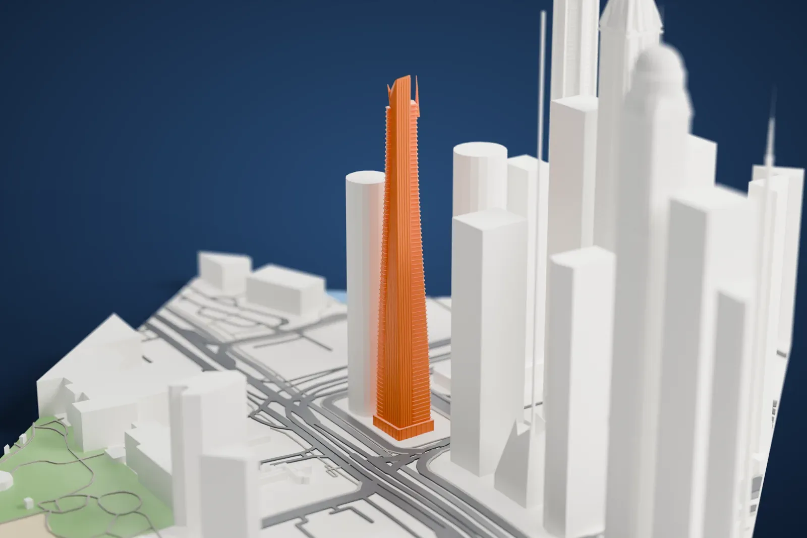 A white 3D print of Ocean Heights, a tall twisting tower rising above the streets and buildings of Dubai Marina.