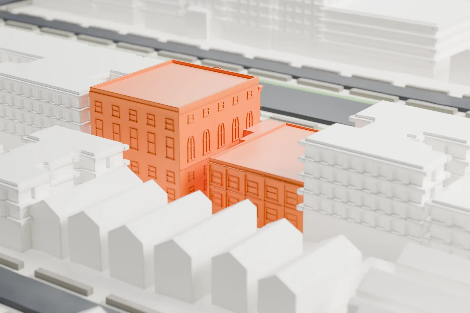 A white 3D print of the Ocean Parkway Jewish Center, a stone-fronted building with a pedimented front and tall arched windows, beside a parkway with green strips and low houses.