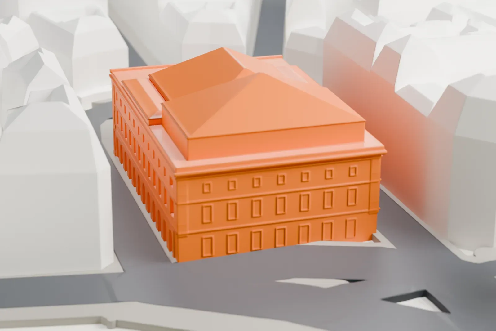 A white 3D print of the Odéon-Théâtre de l'Europe in Paris, next to the Luxembourg Garden, with surrounding streets and buildings.