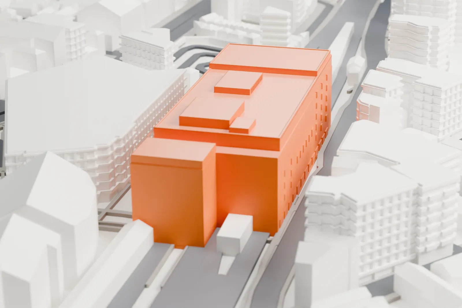 A white 3D print of Ogikubo Station, a railway station among the surrounding streets and buildings.