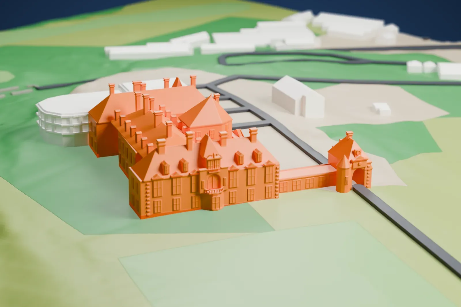 A white 3D print of Oheka Castle, a sprawling mansion with many gables, chimneys and a gate tower, standing on a hillside with drives and green grounds around it.