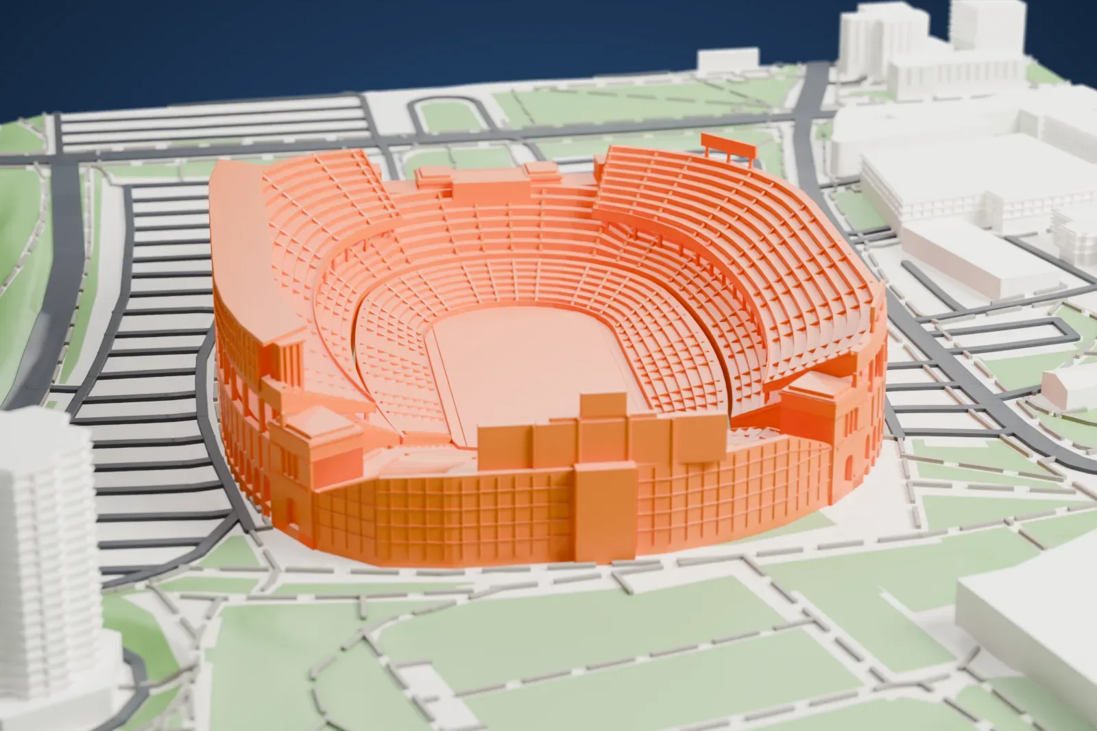 A white 3D print of Ohio Stadium, a horseshoe-shaped stadium with curved seating decks and an arched outer wall, among green lawns, roads and a waterway.