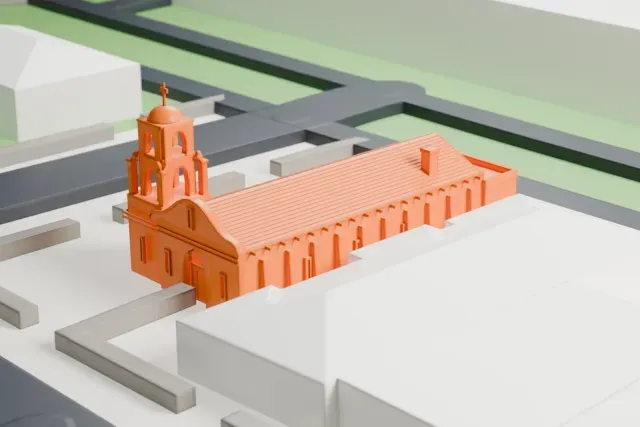 A white 3D print of the Old Adobe Mission model in Scottsdale, with the streets around it.