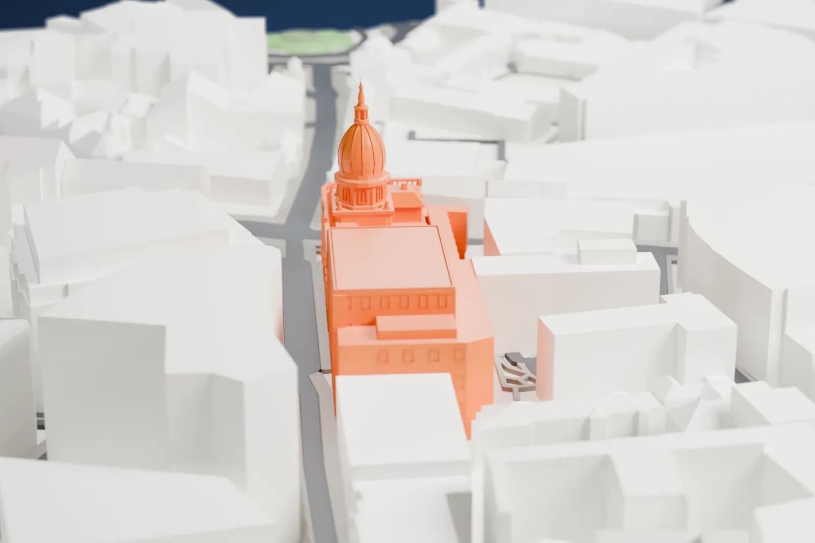 A white 3D print of the Old Bailey, a court building among the streets and buildings of the City of London.