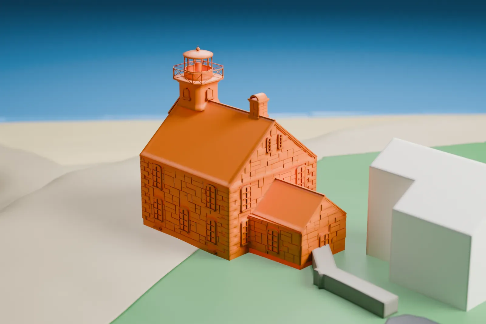 A white 3D print of the Old Field Point Light, a stone house with a steep roof and a small lantern on top, surrounded by grass, a small outbuilding and nearby houses beside the shore.