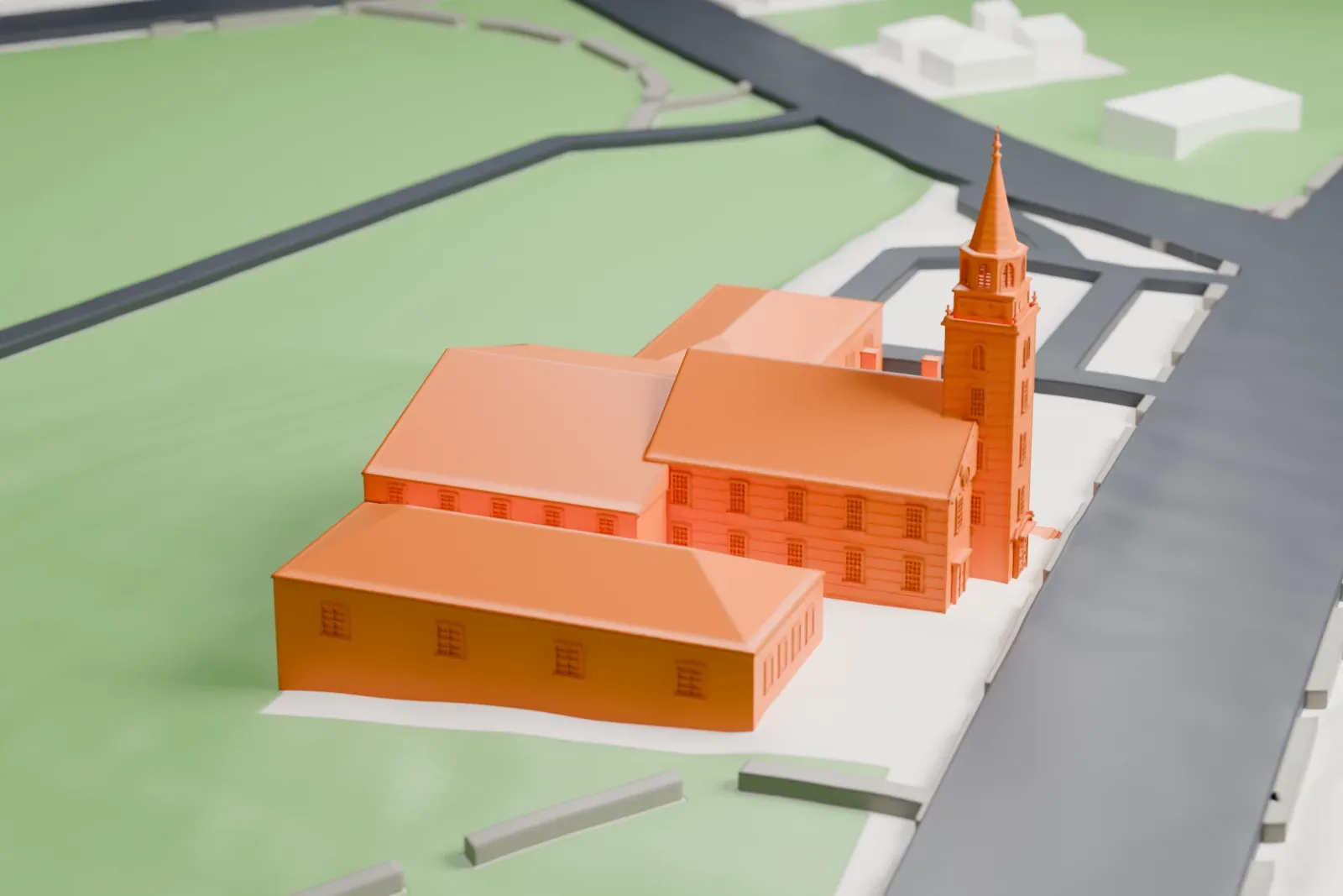 A white 3D print of Old First Church, a gabled church with a tall bell tower and spire and several attached wings, beside a street and lawns.