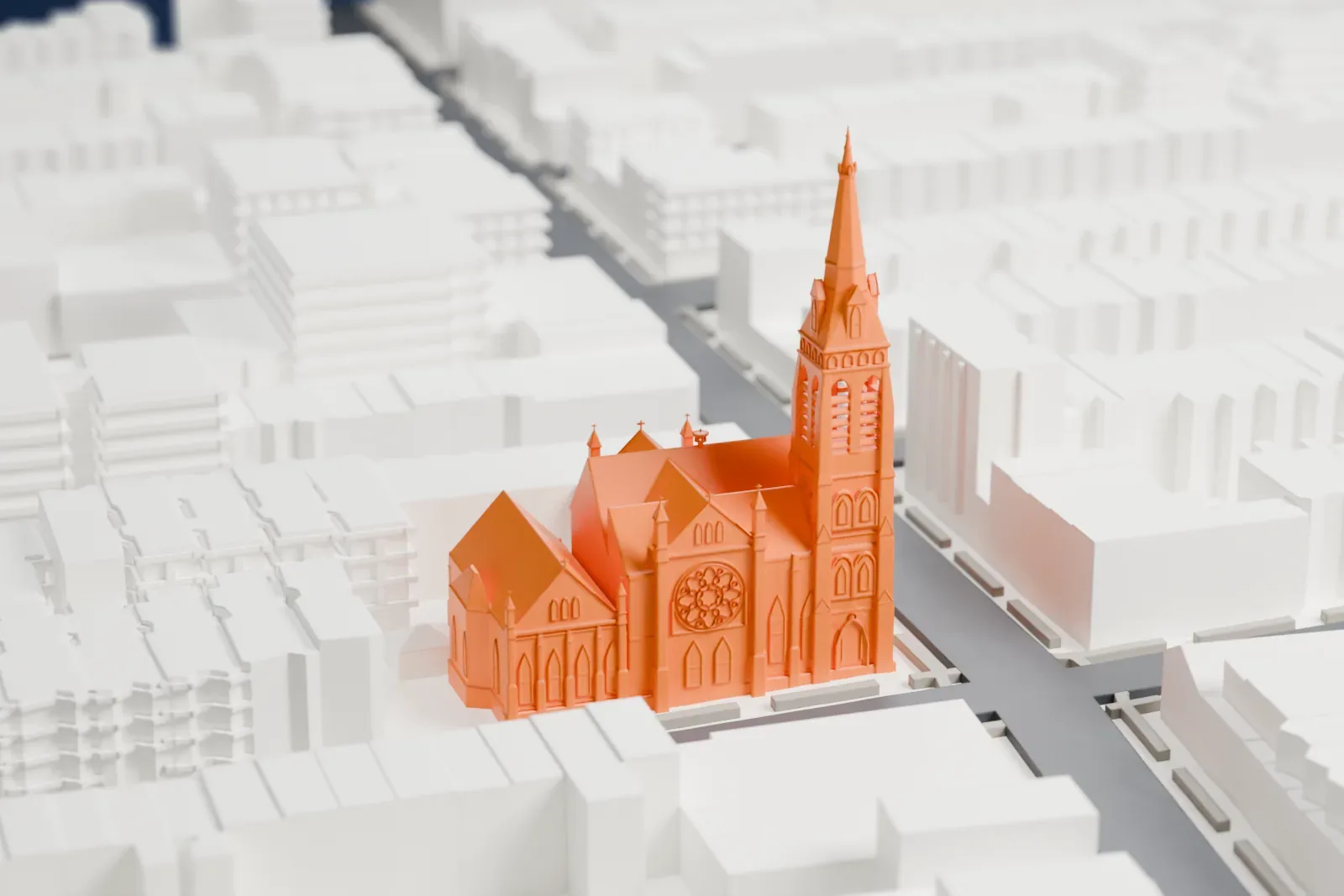 A white 3D print of the Old First Reformed Church, a church with a tall thin spire, standing among rows of low buildings and narrow streets.