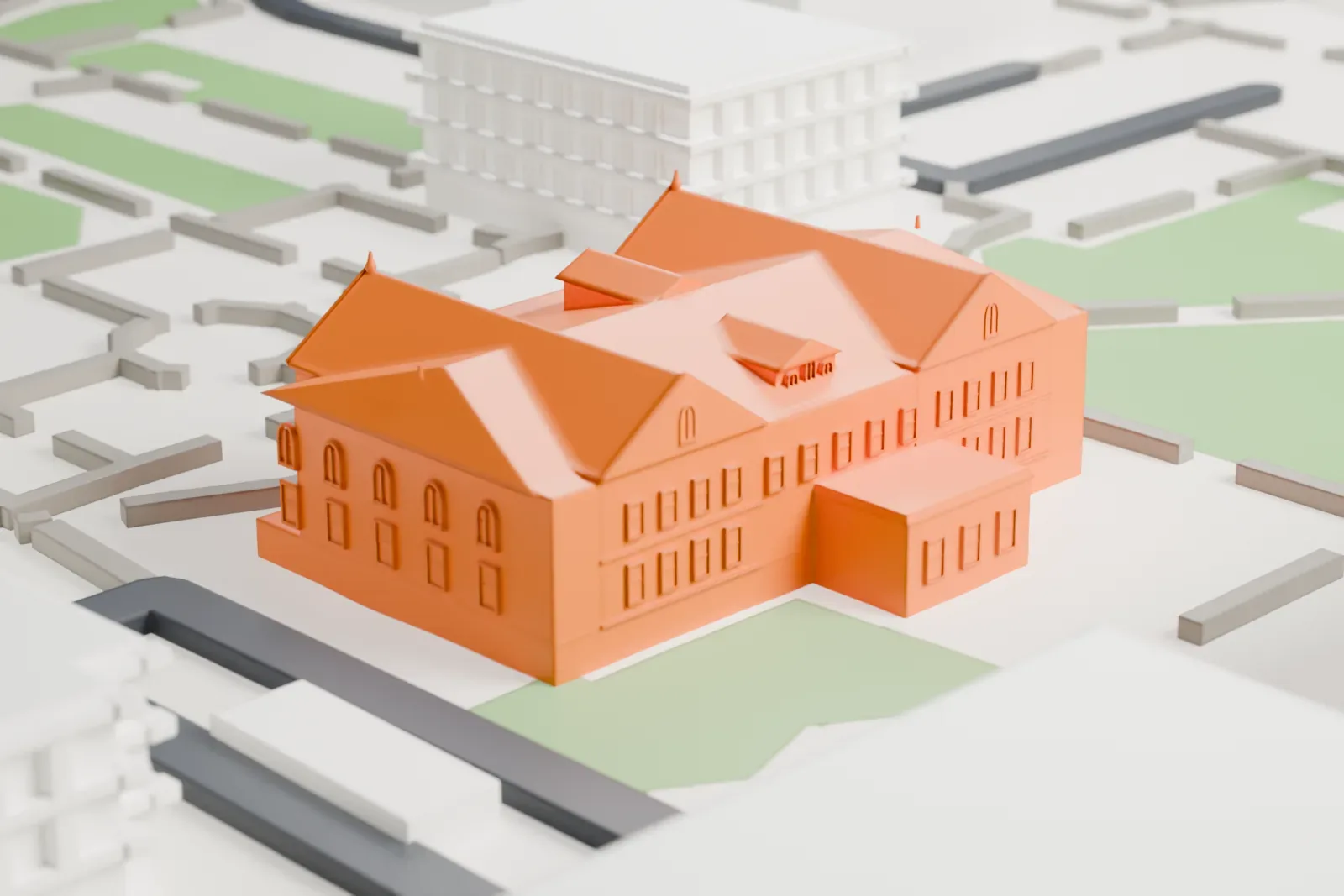 A white 3D print of Old Main at Arizona State University, a building with two projecting gables, a hipped roof and a wide front stair, set among lawns and campus paths.