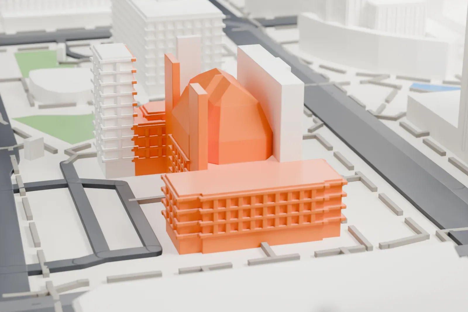 A white 3D print of the Old Maricopa County Courthouse, an H-shaped building with a row of small blocks along its roofline, surrounded by downtown streets and larger buildings.