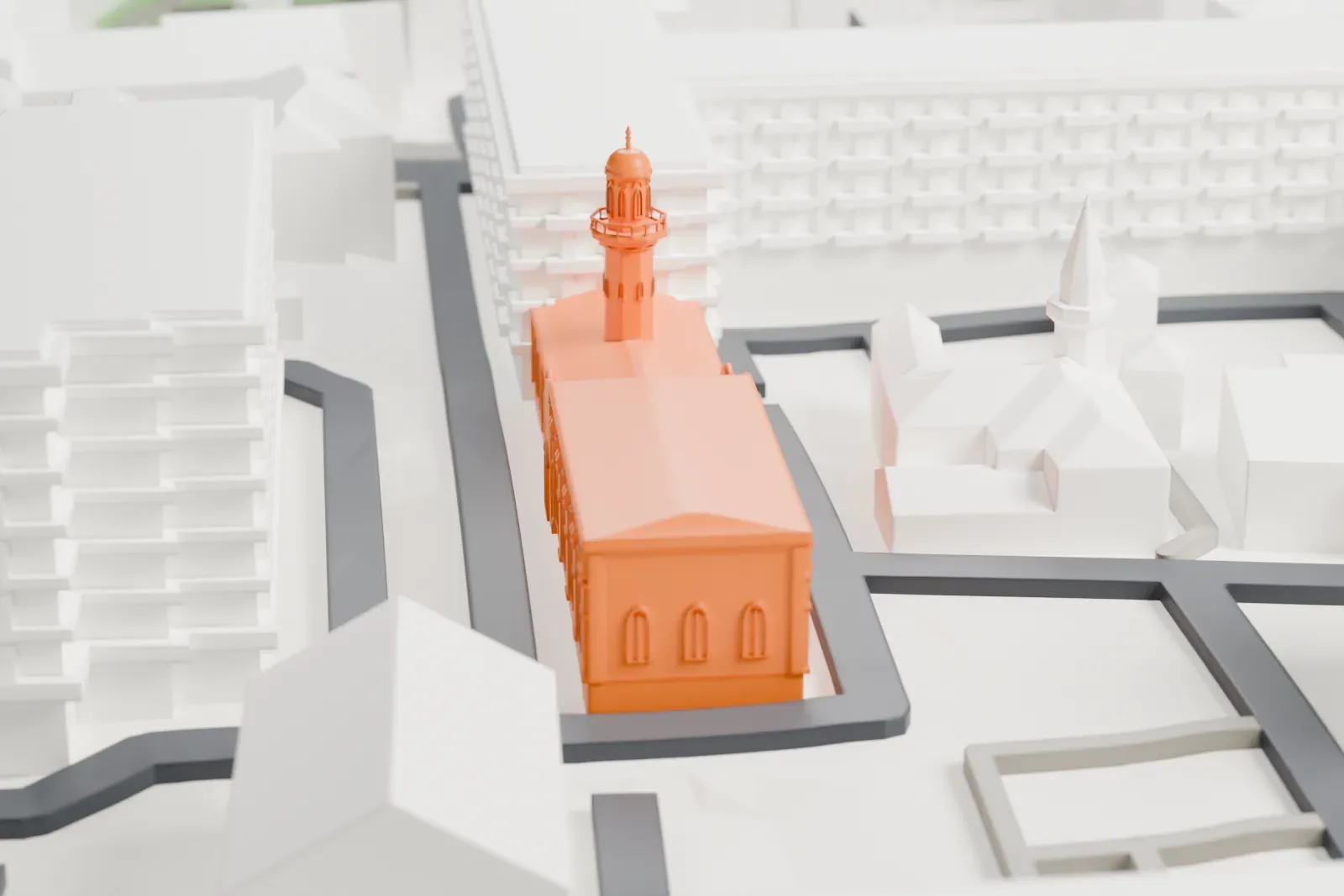 A white 3D print of the Old Mosque, Moscow, with surrounding streets and buildings.