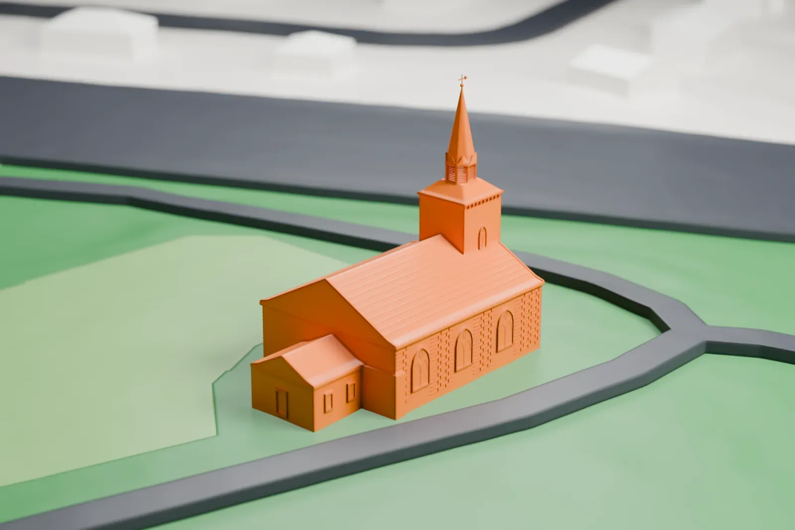 A white 3D print of the Old Paramus Reformed Church, a long stone church with a tall steeple at one end, on a lawn beside roads and green park land.