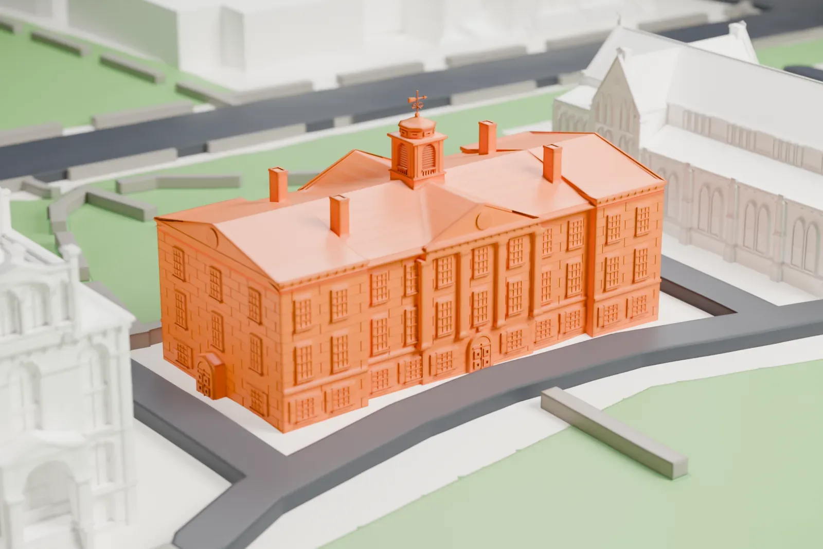 A white 3D print of Old Queens, a Federal-style hall with a hipped roof, a small cupola and chimneys, standing on a lawn among campus buildings.