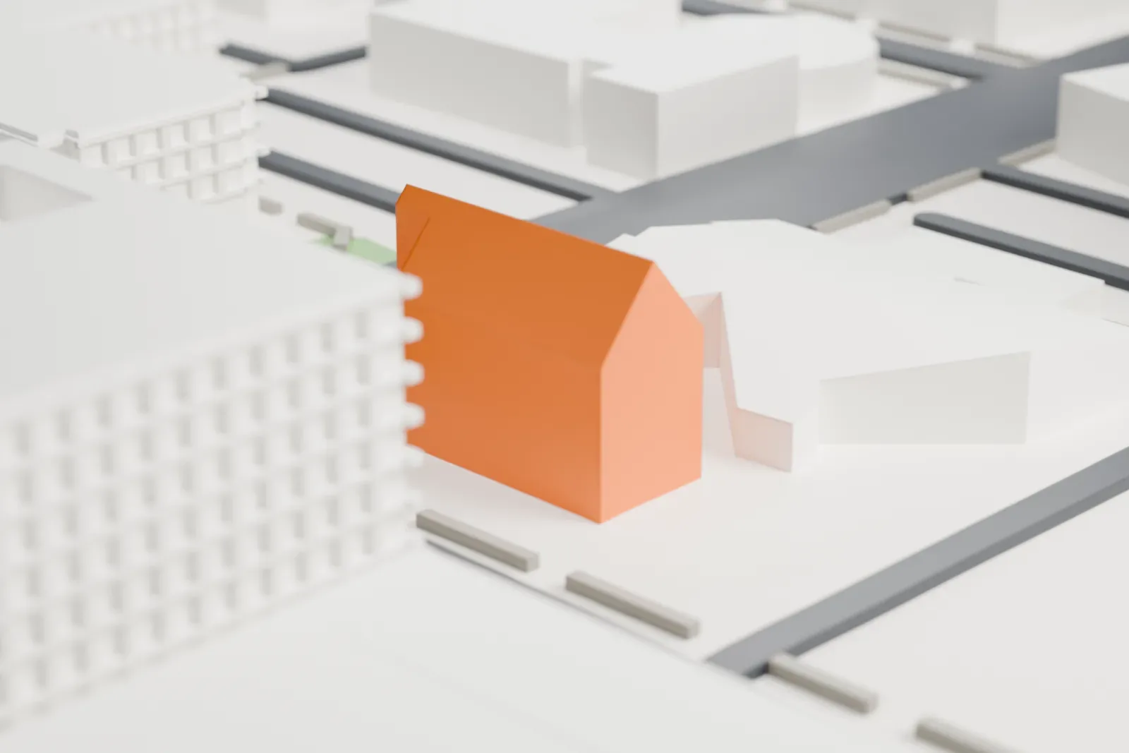 A white 3D print of Old St. Mary's Church, a small gabled brick church with a bell tower, steeple and cross, standing on an open lot between streets and nearby buildings.