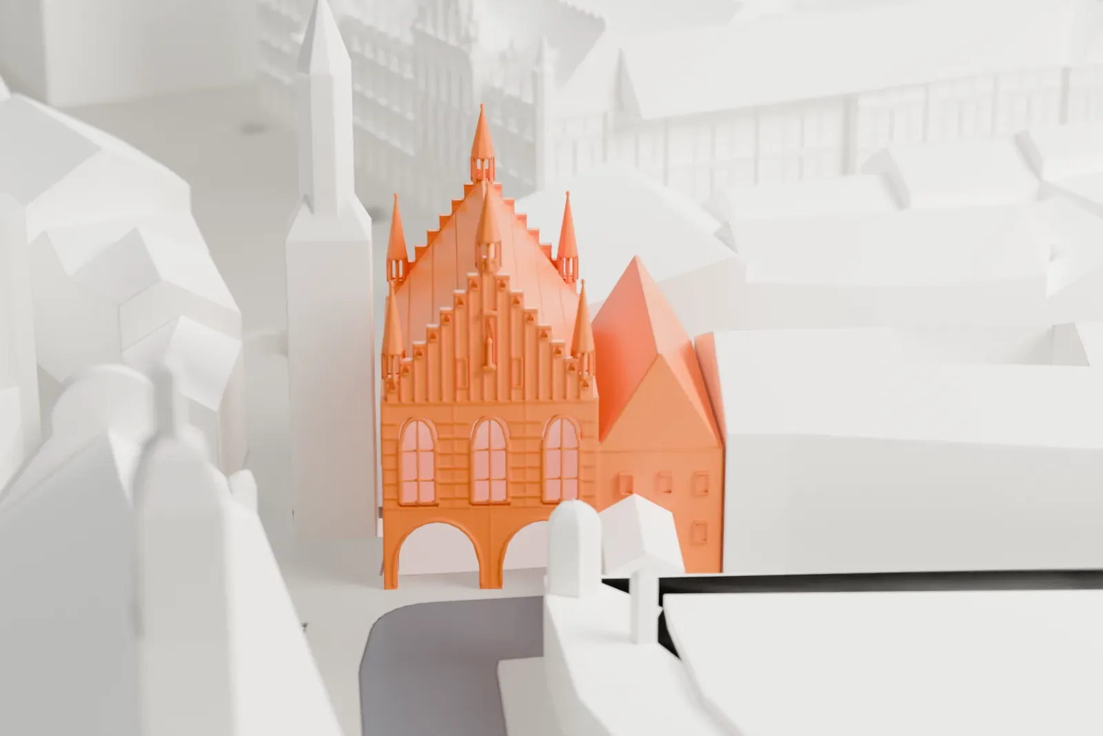 A white 3D print of the Old Town Hall on Marienplatz, with the surrounding streets and buildings of Munich.
