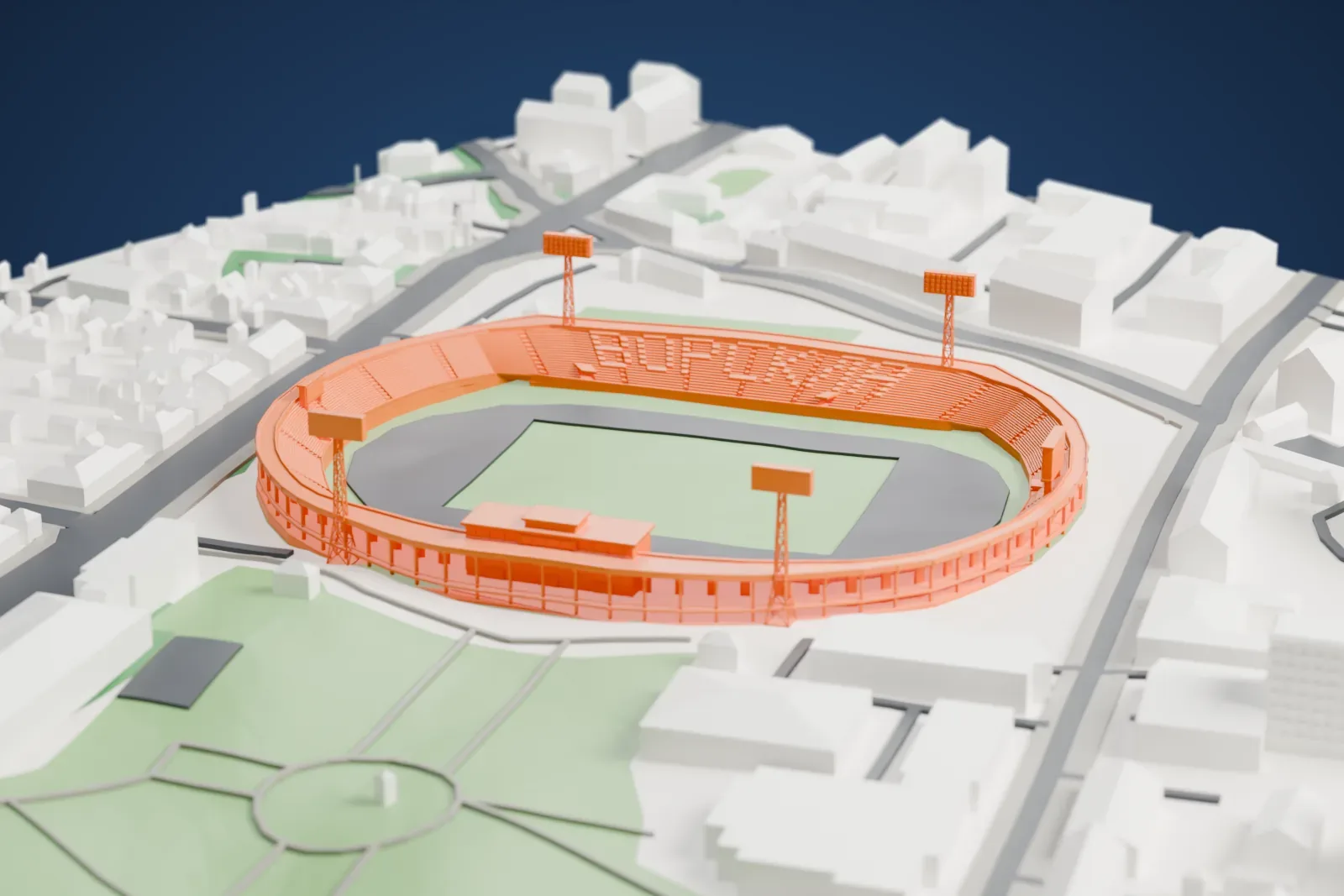 A white 3D print of Oleksiy Butovsky Vorskla Stadium, an oval stadium with a running track and four floodlight masts, surrounded by streets and buildings.
