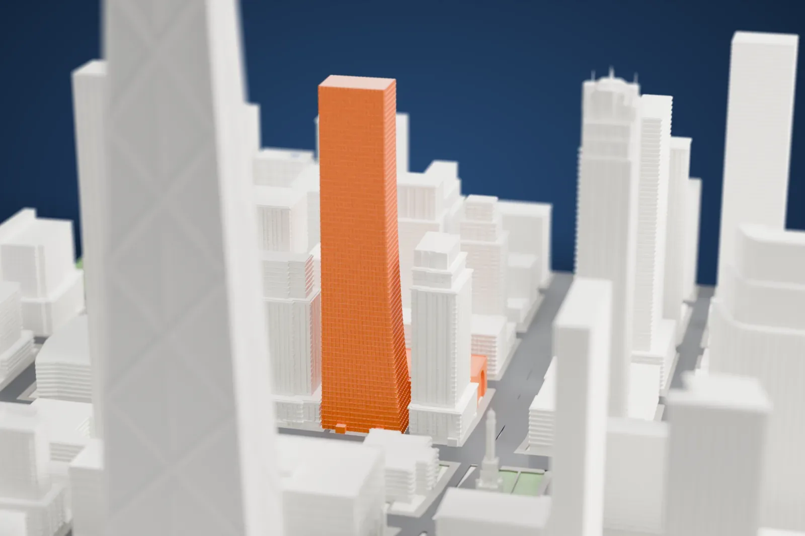 A white 3D print of the Olympia Centre skyscraper in Chicago, with the surrounding streets and buildings around it.