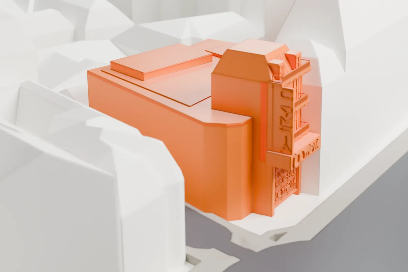 A white 3D print of the Olympia, a street-front music hall, among the surrounding buildings of Paris.