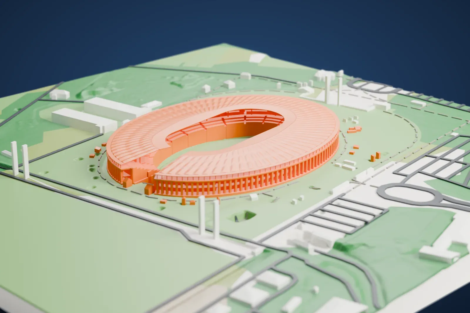 A white 3D print of the Olympiastadion in Berlin, an oval stadium ring with a columned outer wall, standing in green parkland with roads and low buildings around it.