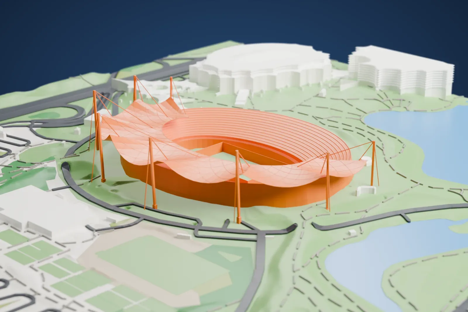 A white 3D print of the Olympiastadion in Munich, a stadium with a low oval bowl and a sweeping net-like canopy hung from tall masts, set in parkland beside lakes and parking lots.