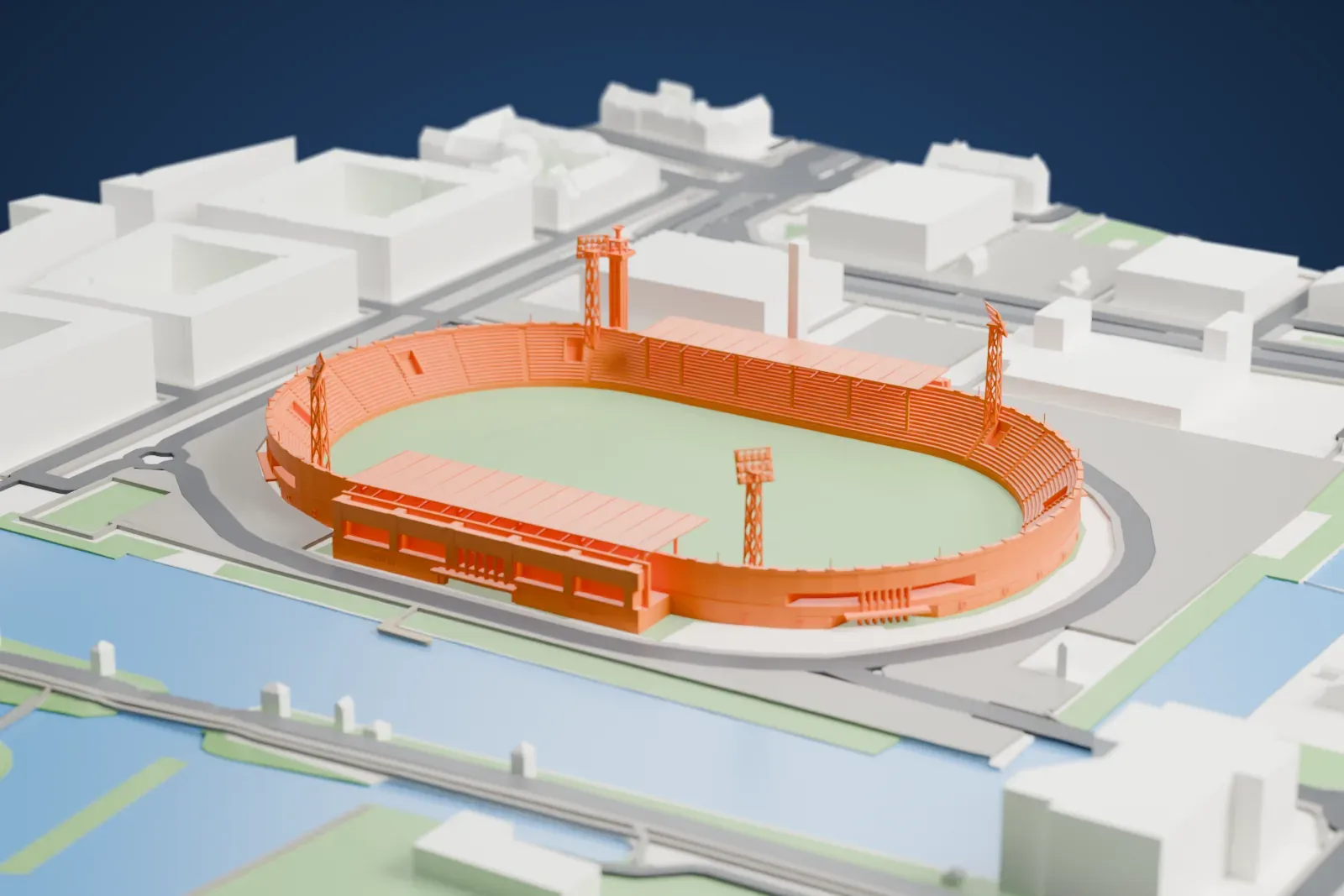A white 3D print of the Olympic Stadium in Amsterdam, a wide stadium bowl among the surrounding streets and buildings of the city.