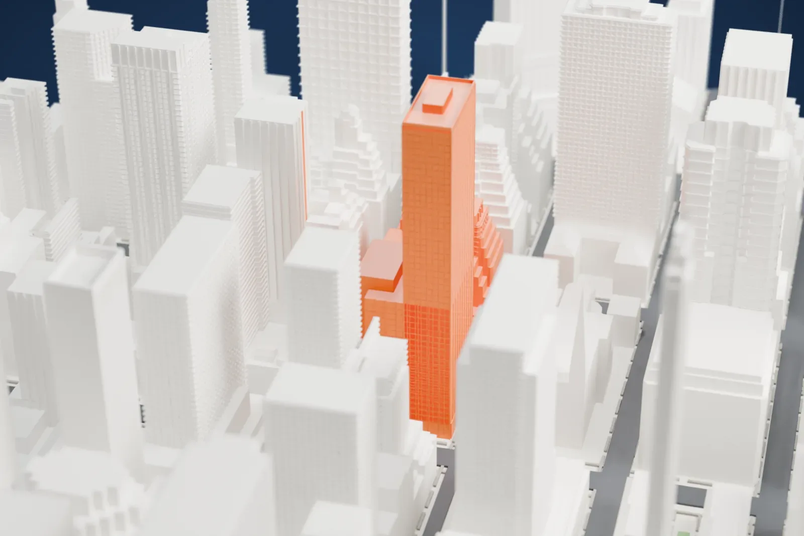 A white 3D print of Olympic Tower, a tall rectangular tower rising from a lower base block, packed in among dense skyscrapers on every side.