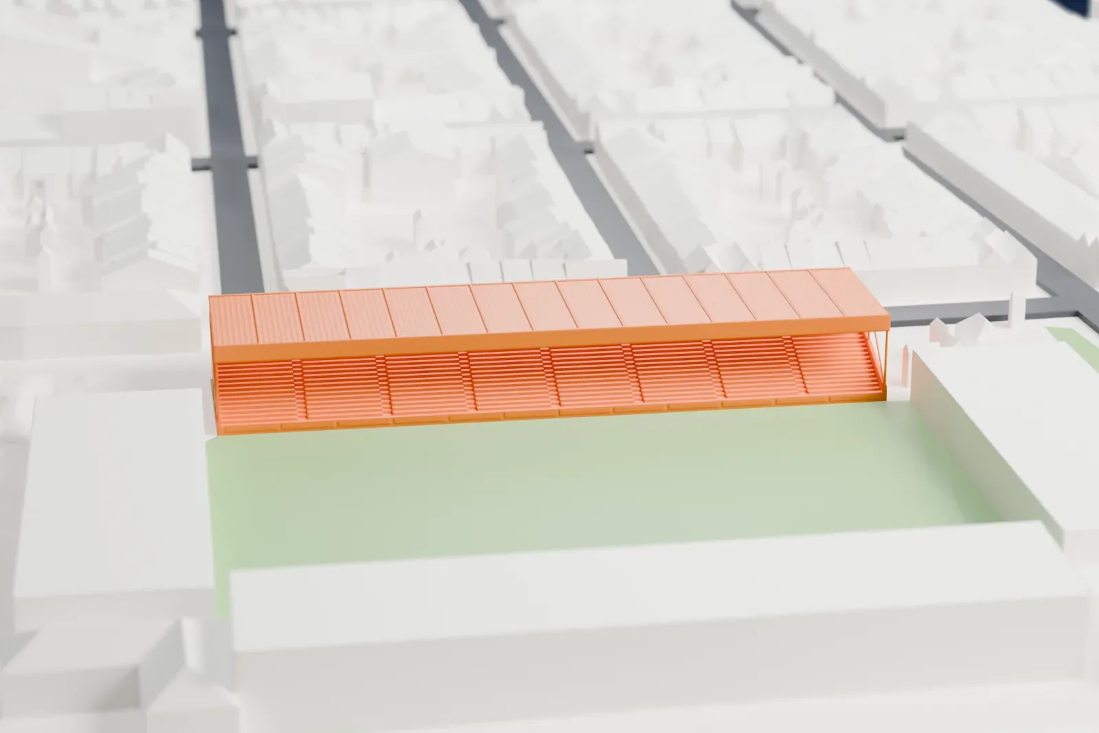 A white 3D print of the Olympisch Stadion, a single long grandstand with a flat cantilevered roof over stepped seating, on a base of surrounding streets and buildings.