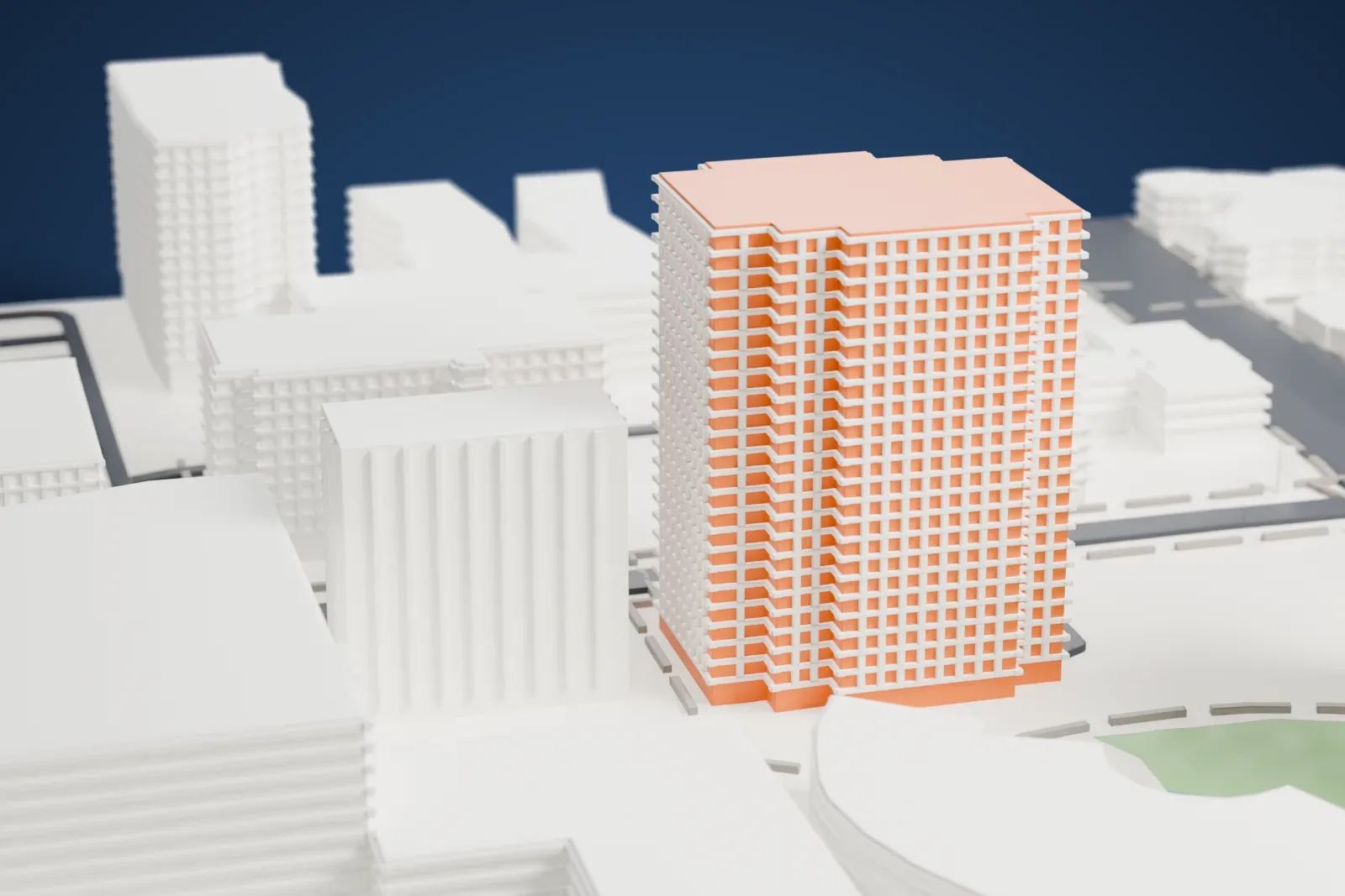 A white 3D print of One Arizona Center, a rounded-corner tower raised on slim columns at its base, with a stepped upper section, beside lawns and a wide road.