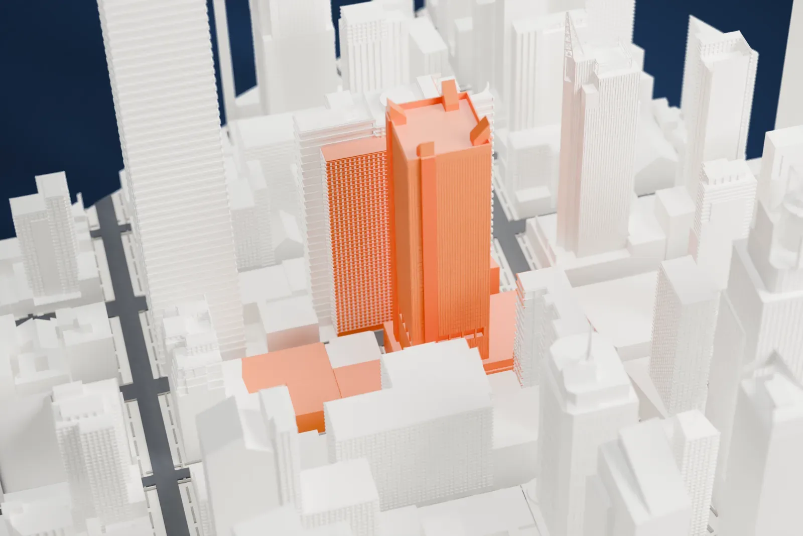 A white 3D print of One Astor Plaza, a tall rectangular tower with pointed pinnacles at its roof corners, packed in among other skyscrapers.