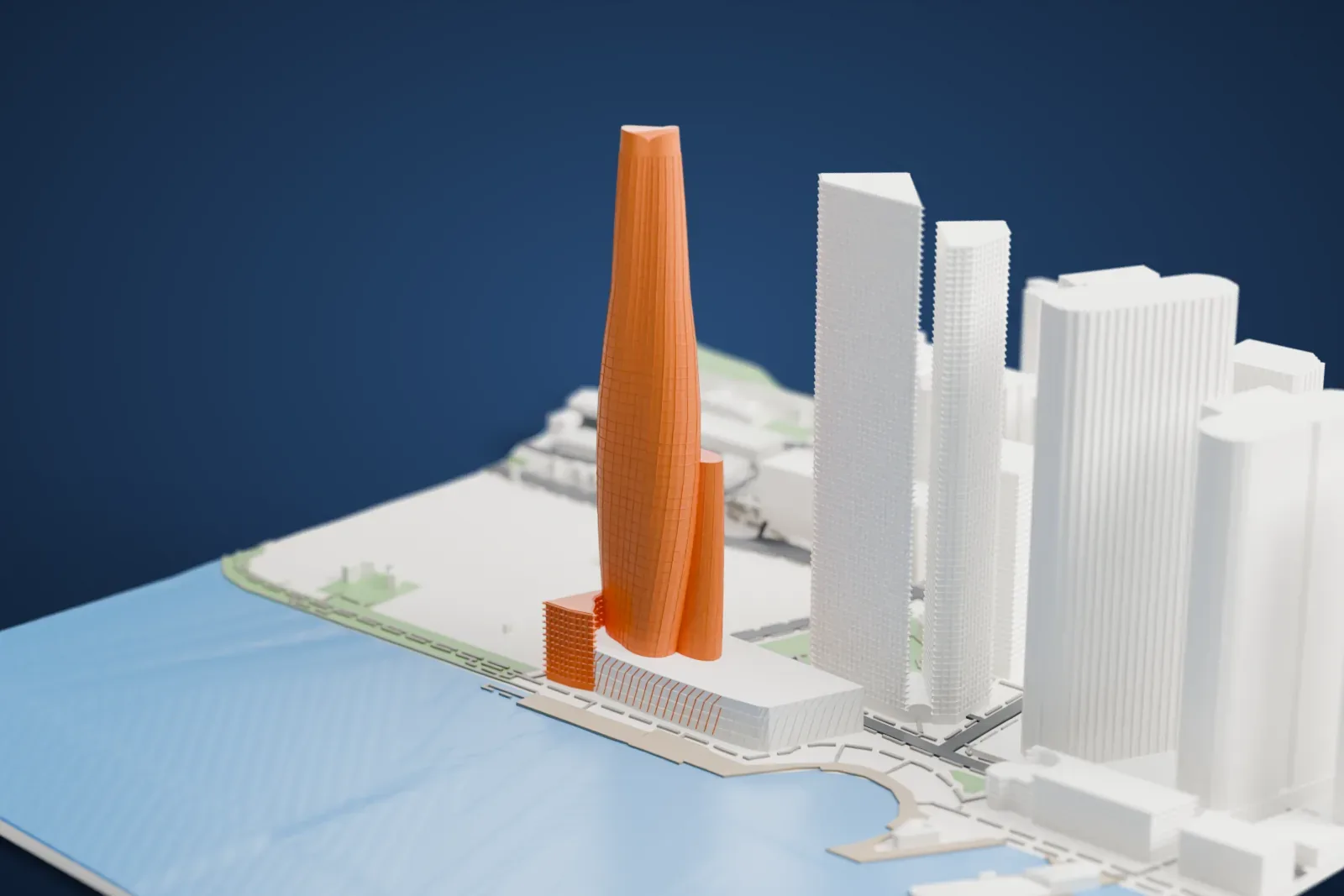 A white 3D print of One Barangaroo, a tall tower that curves and twists upward from a low base, standing beside water with other towers nearby.