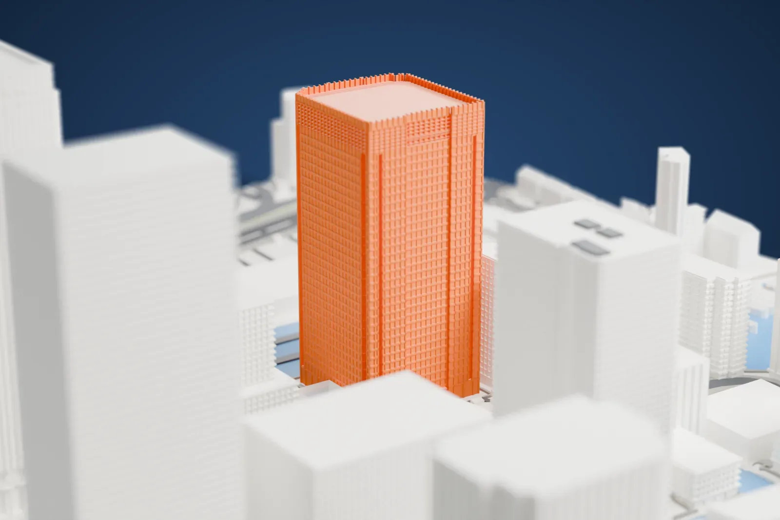 A white 3D print of One Churchill Place, a skyscraper in Canary Wharf, London, set among the surrounding streets and buildings.