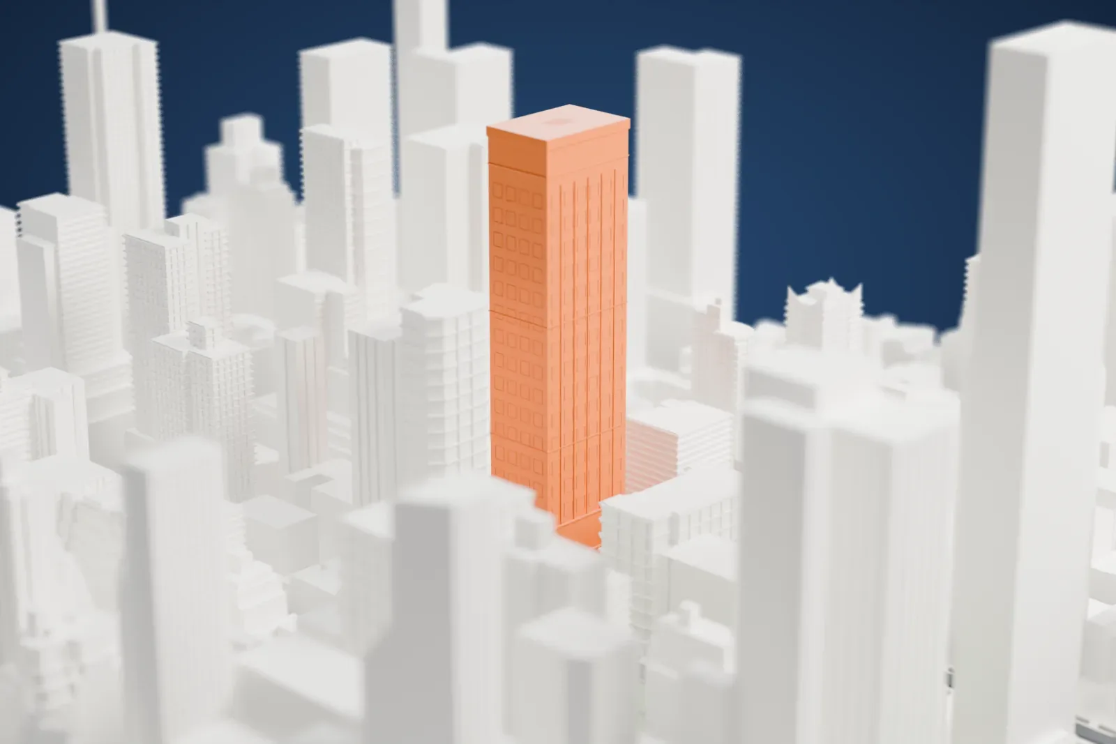 A white 3D print of One Dag Hammarskjold Plaza, a tall boxy tower with rows of recessed windows, standing among dense neighboring towers.