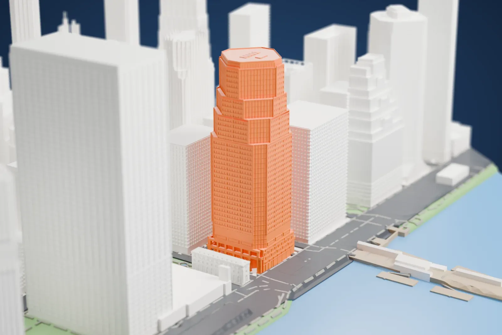 A white 3D print of One Financial Square, a tower with stepped upper setbacks, standing near the water's edge among other Lower Manhattan buildings.
