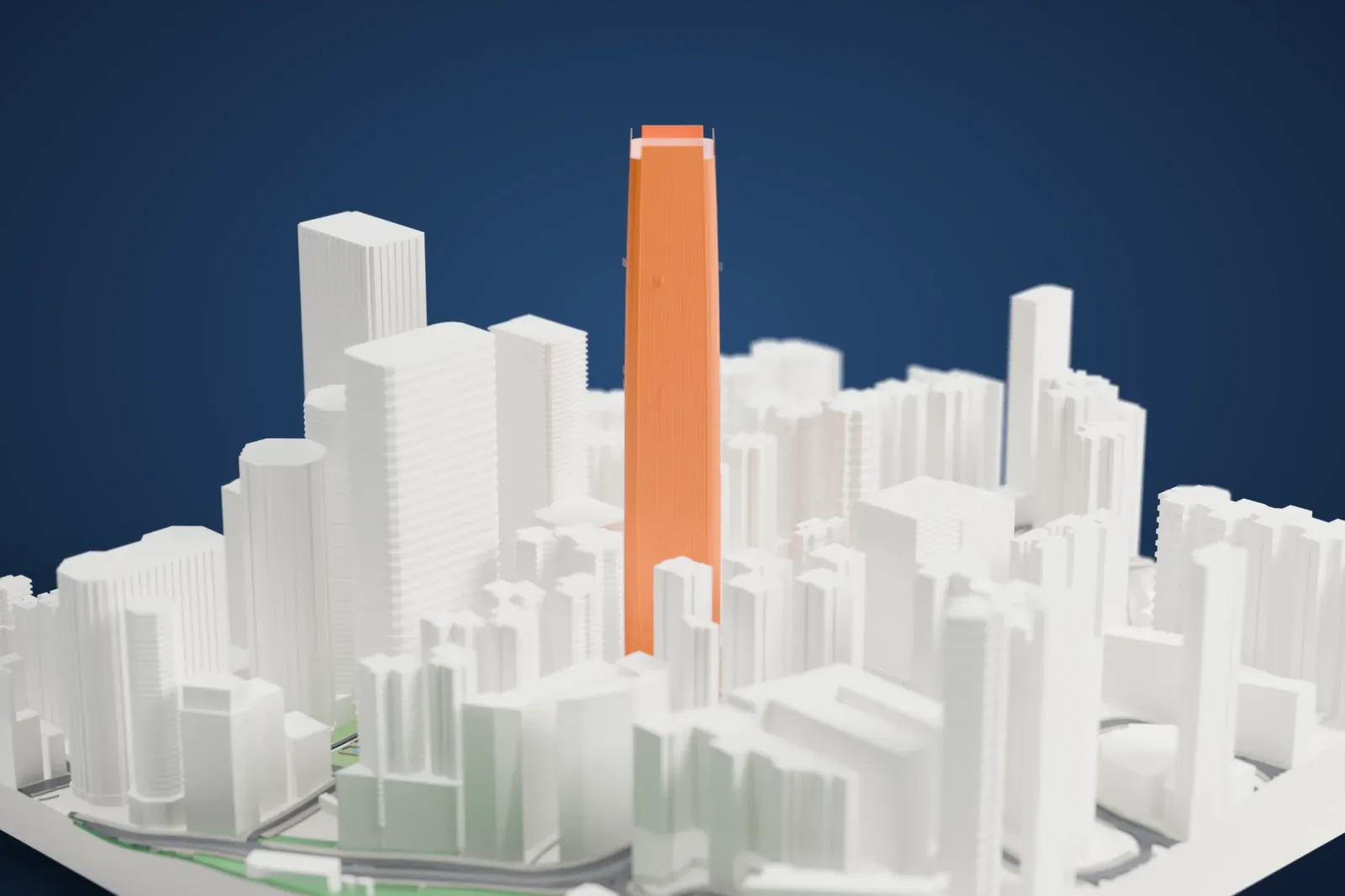 A white 3D print of One Island East with the surrounding streets and buildings of Hong Kong.