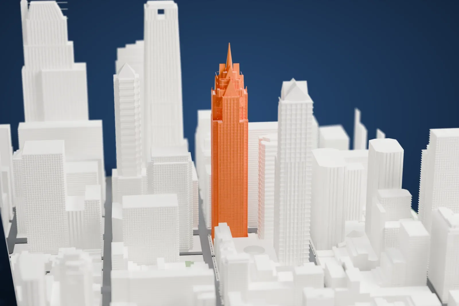 A white 3D print of One Liberty Place, a slender skyscraper with a stepped, gabled crown and a tall spire, standing among taller and shorter neighboring towers.