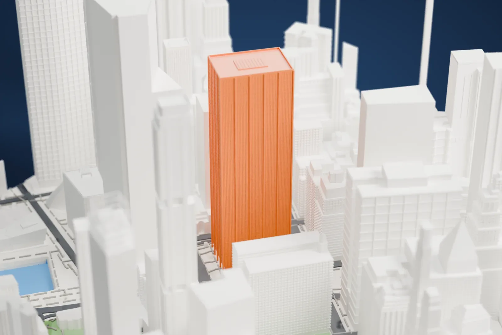 A white 3D print of One Liberty Plaza, a tall rectangular skyscraper with fine vertical ribs, standing among dense towers in Lower Manhattan.