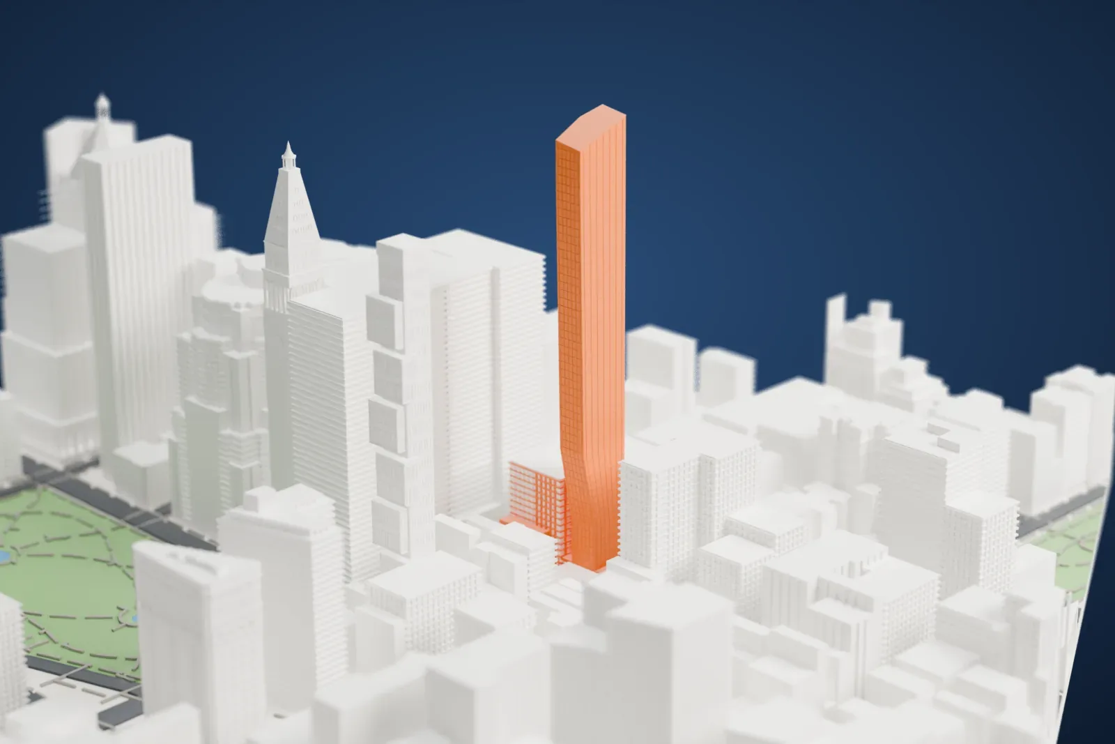 A white 3D print of One Madison, a very slender tower with box-shaped bays stepping up its sides, standing near a park among other tall buildings.