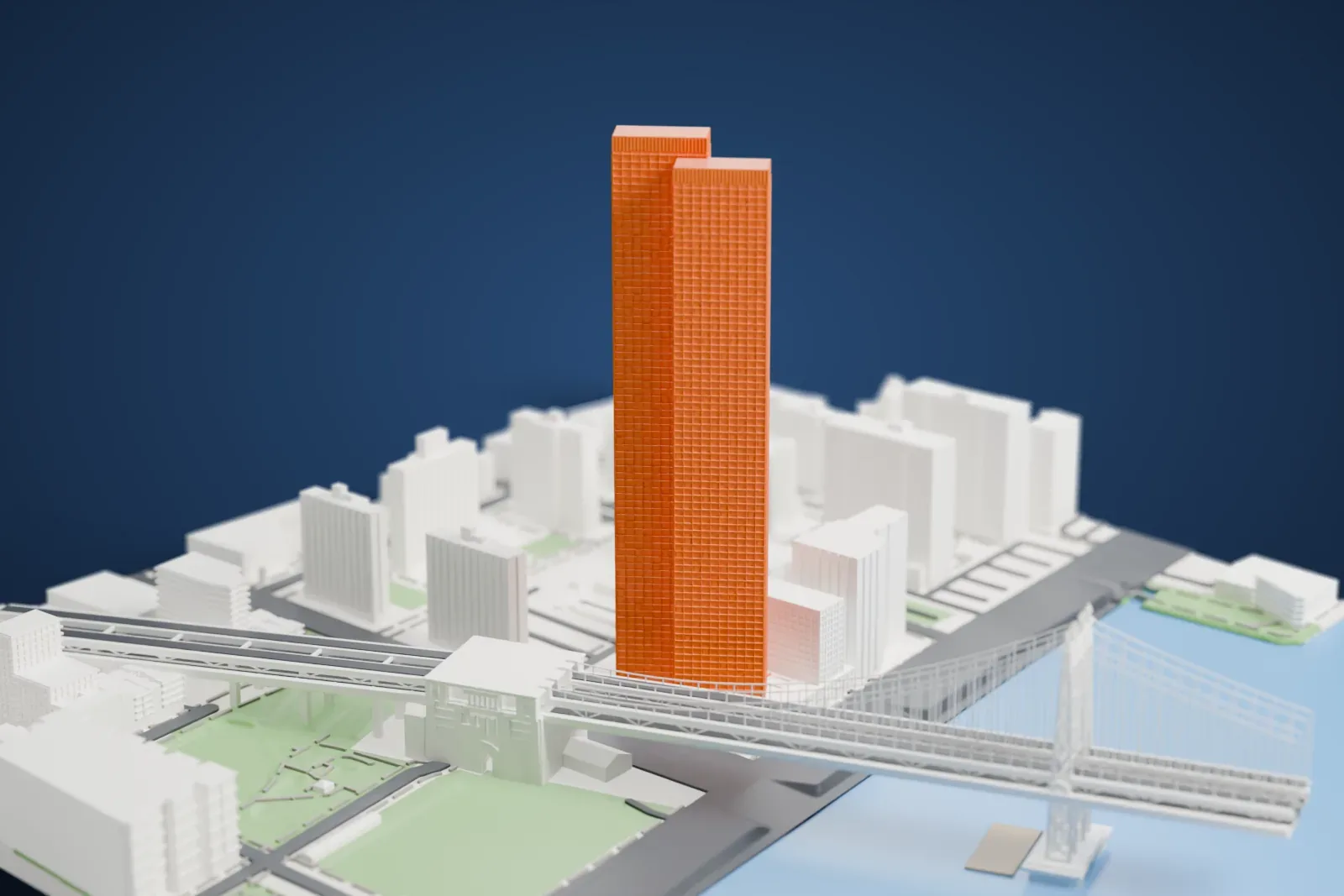 A white 3D print of One Manhattan Square, a very tall residential tower with a lower block beside it, next to a suspension bridge and the water, with mid-rise buildings around it.