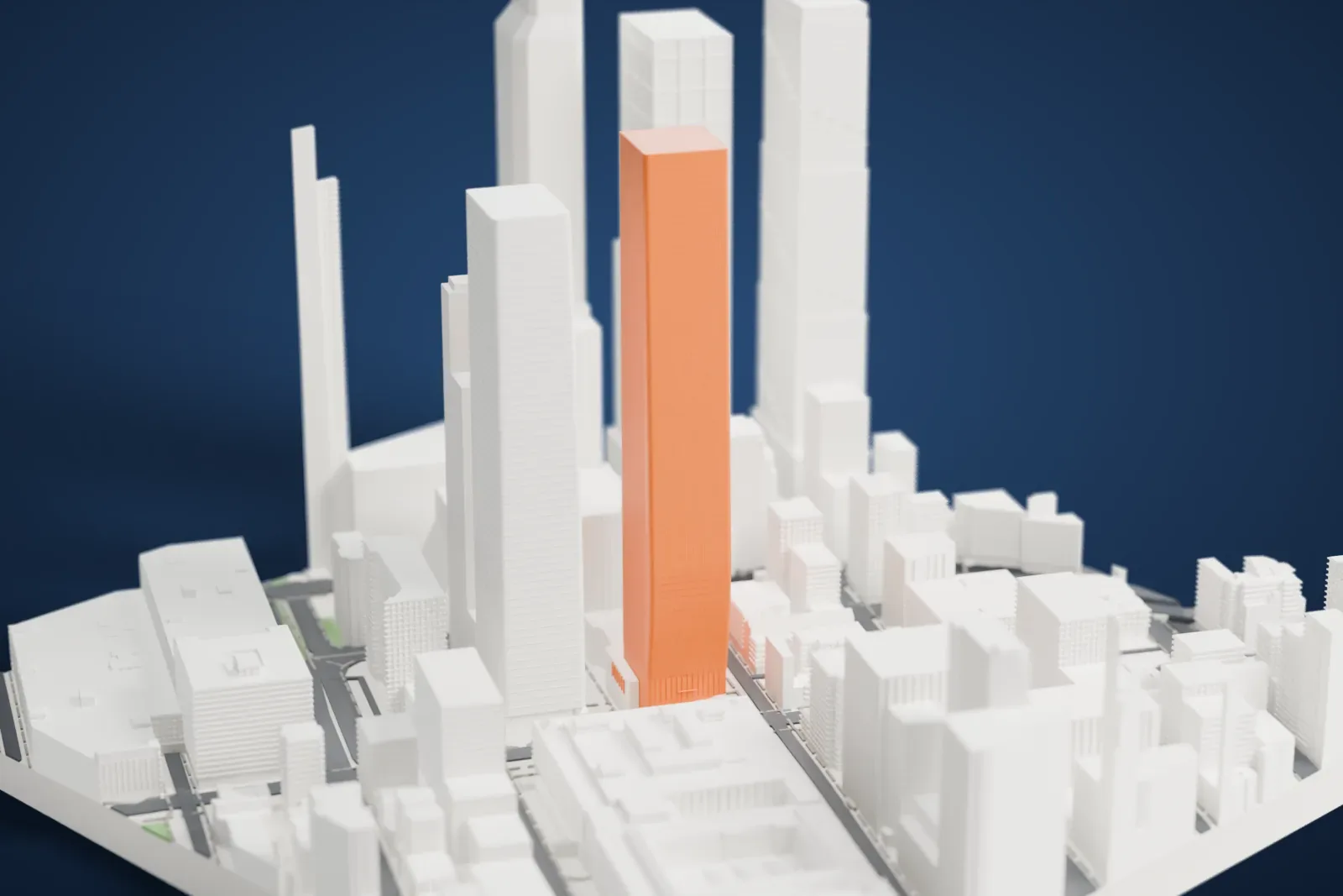 A white 3D print of One Manhattan West, a tall rectangular tower with rounded corners, standing among taller and shorter city buildings.