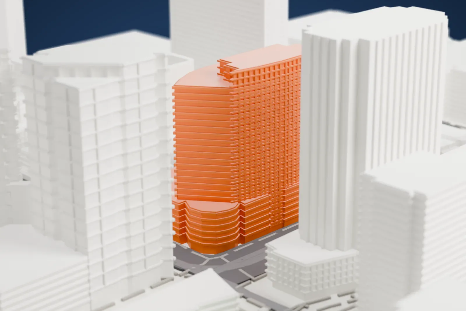 A white 3D print of One North Central, a tower with a curved gridded wall and a lower base, among taller buildings and wide streets.