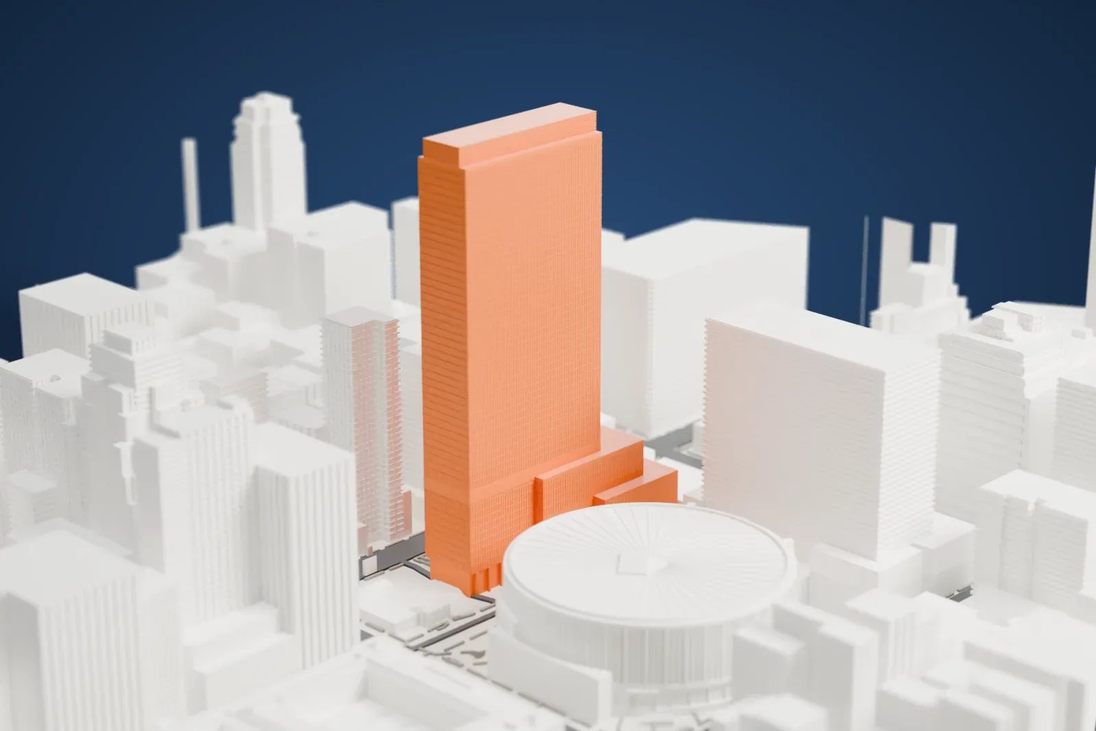 A white 3D print of One Penn Plaza, a tall slab tower with stepped lower floors, standing among dense city buildings beside a round building with a ribbed roof.