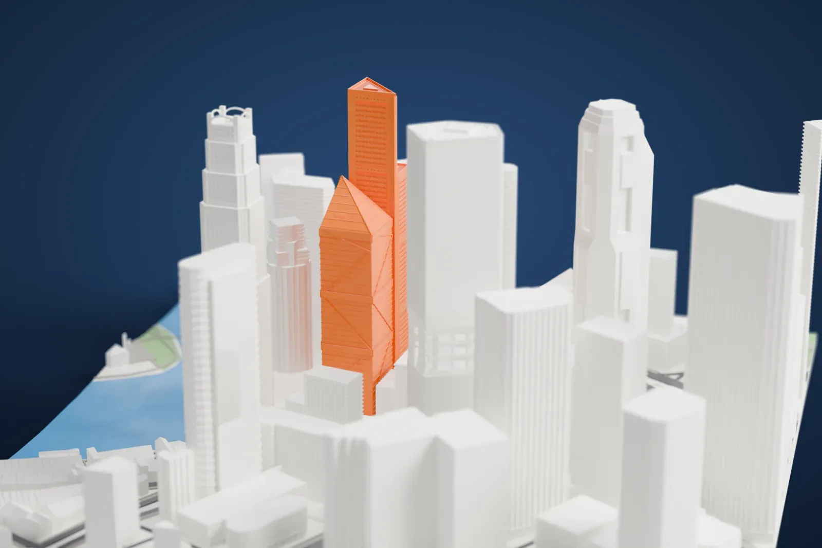 A white 3D print of One Raffles Place, a tall tower among the surrounding streets and buildings.
