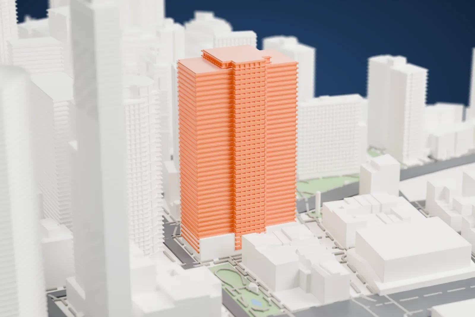 A white 3D print of One Seaport Plaza, a tall office tower with a stepped roof, standing near the water's edge and a green strip among other Lower Manhattan buildings.