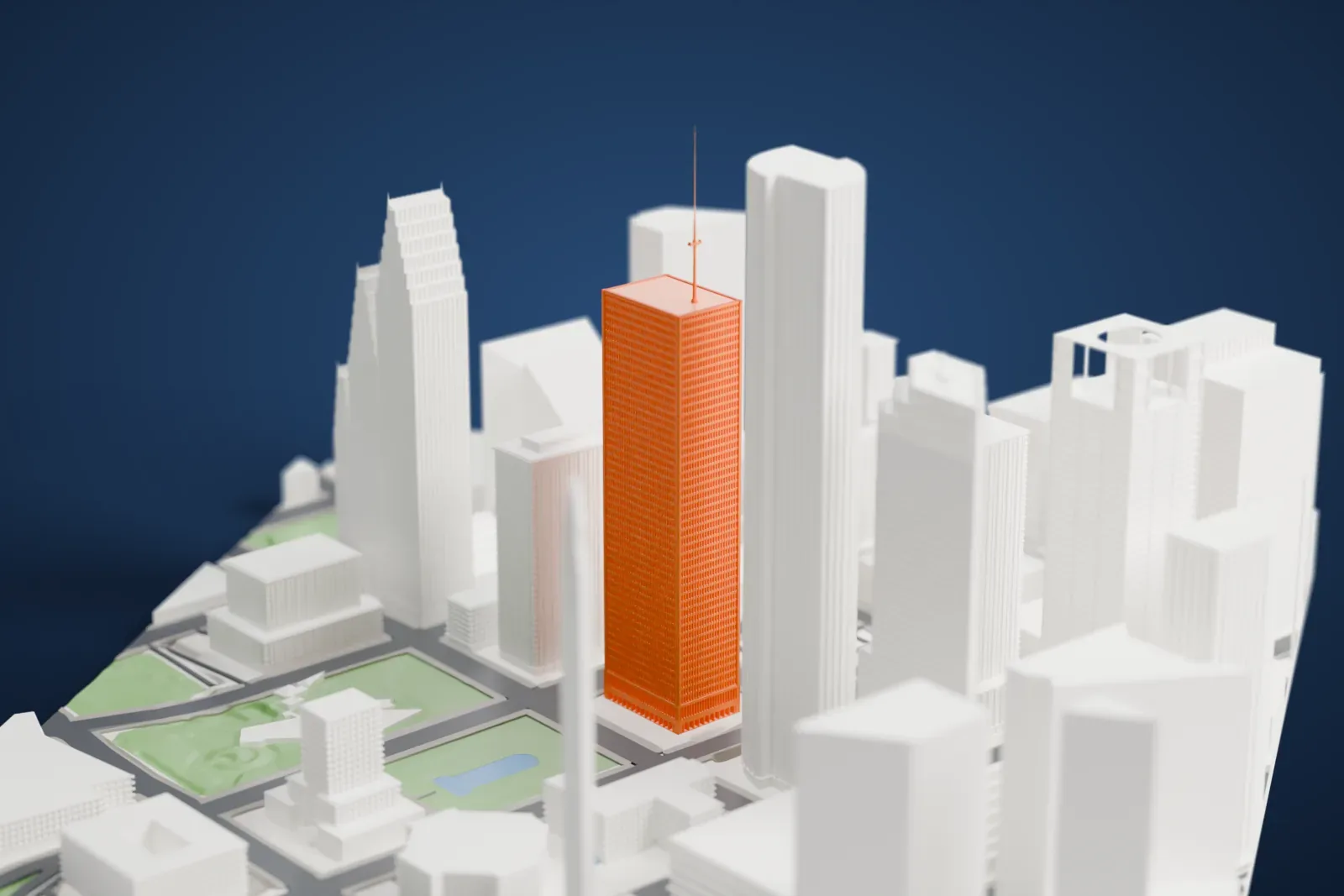 A white 3D print of One Shell Plaza, a tall skyscraper, surrounded by streets and buildings.
