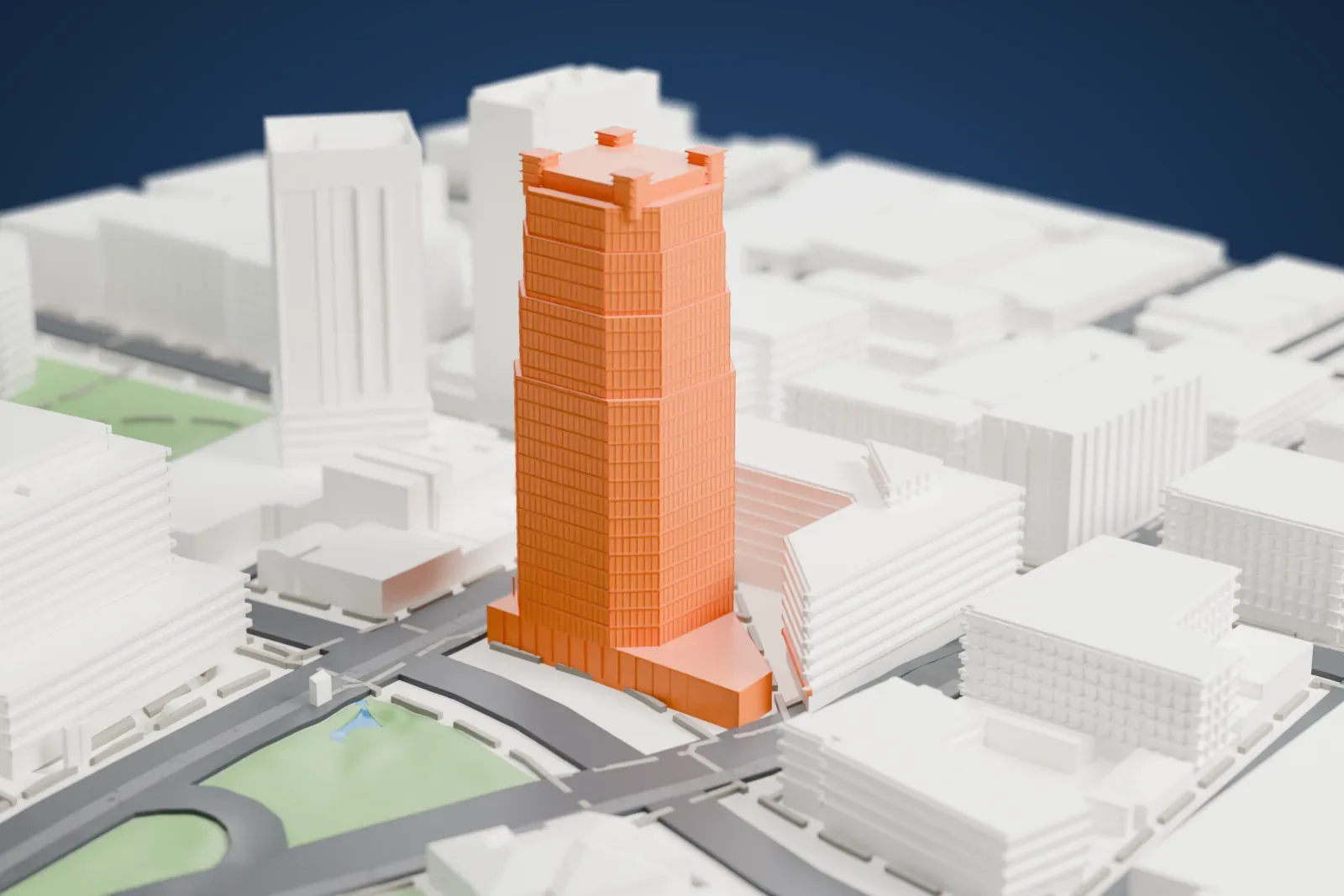 A white 3D print of One South Church, a tall faceted tower with small blocks at its roof corners, standing among other buildings and streets.