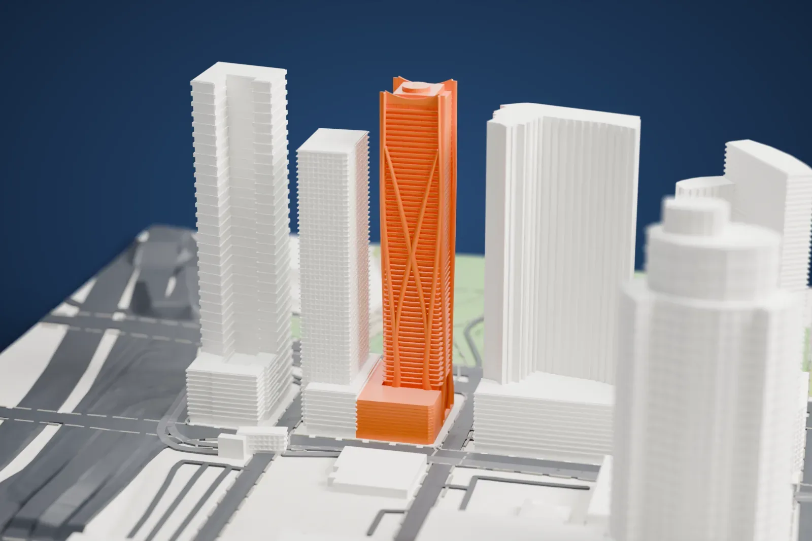 A white 3D print of One Thousand Museum, a tall, slim tower wrapped in curving, crossing ribs with a round rooftop cap, standing among other tall towers, roads and green park areas.